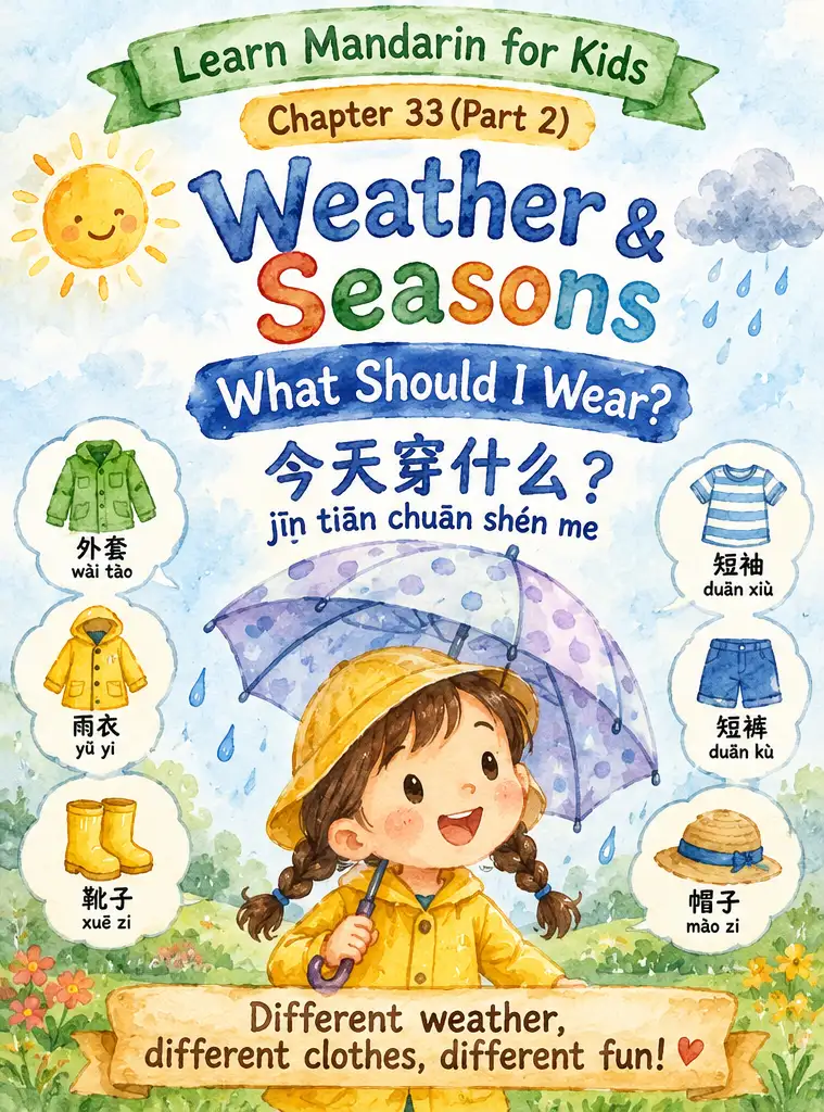 🌂 Weather & Seasons – What Should I Wear? 今天穿什么? (Jīn tiān chuān shén me?)