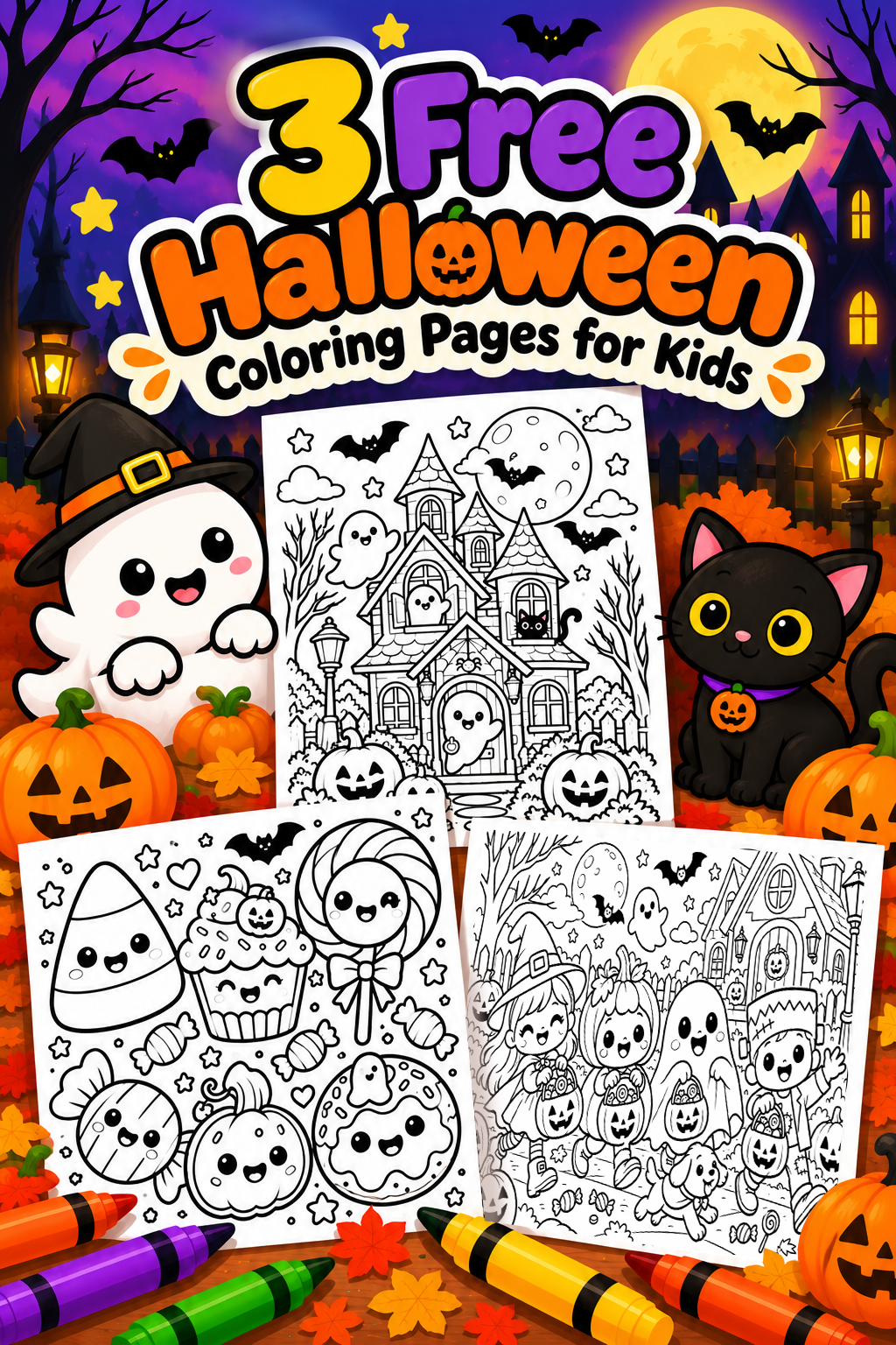 Three free cute Halloween coloring pages for kids featuring candy, haunted house and trick-or-treat designs