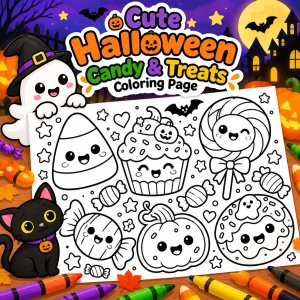 Cute Halloween Candy & Treats Coloring Page