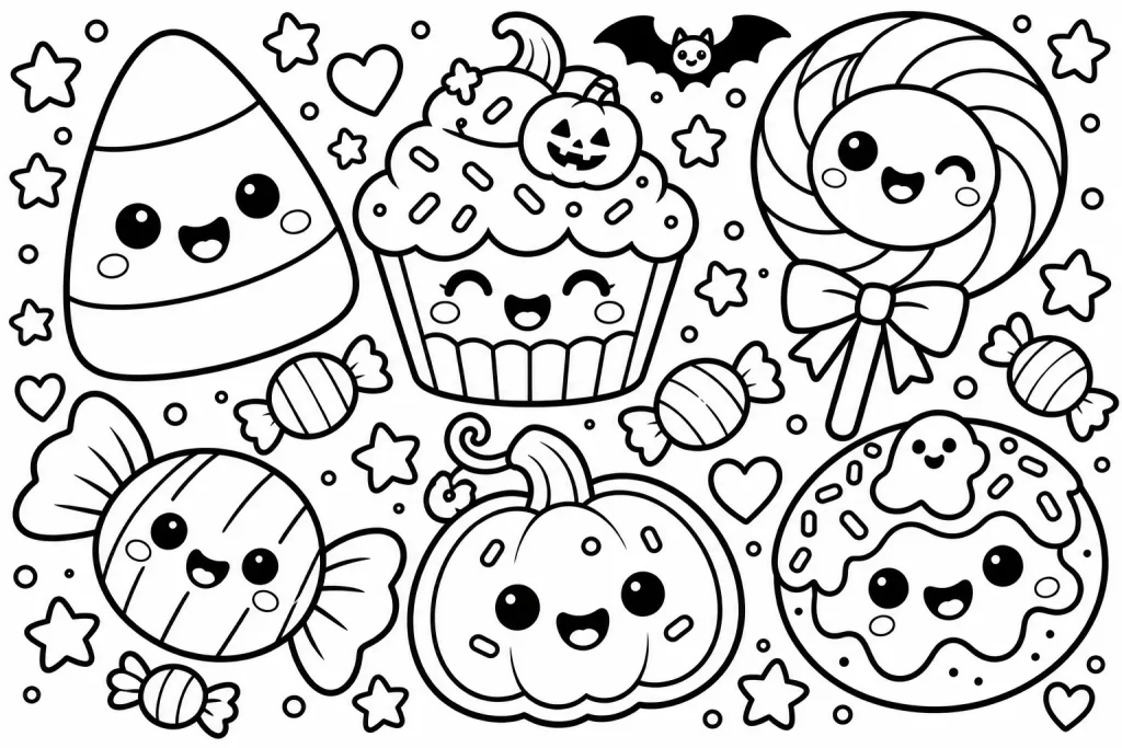 Cute Halloween Candy & Treats Coloring Page