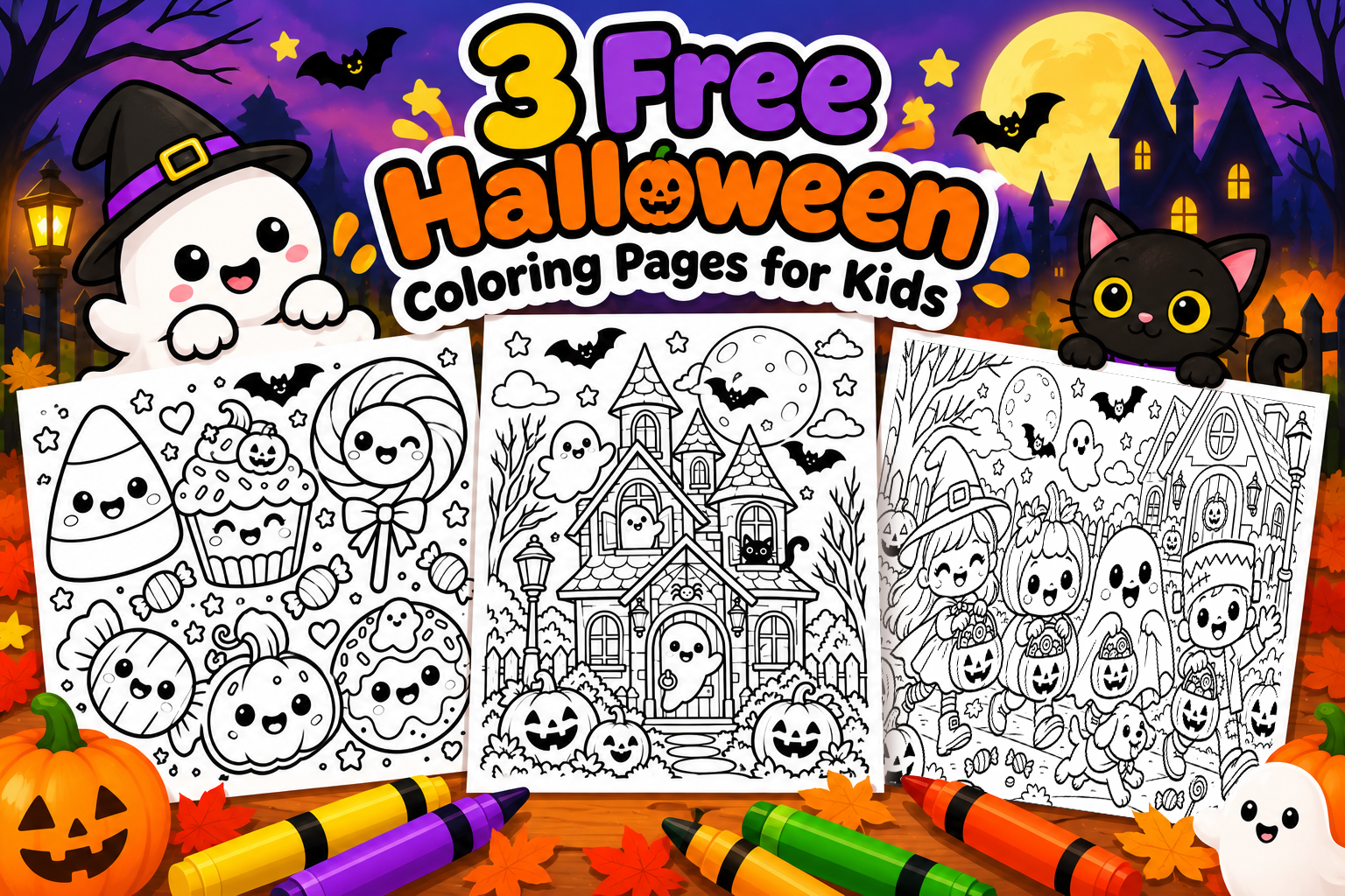 Three free cute Halloween coloring pages for kids featuring candy, haunted house and trick-or-treat designs